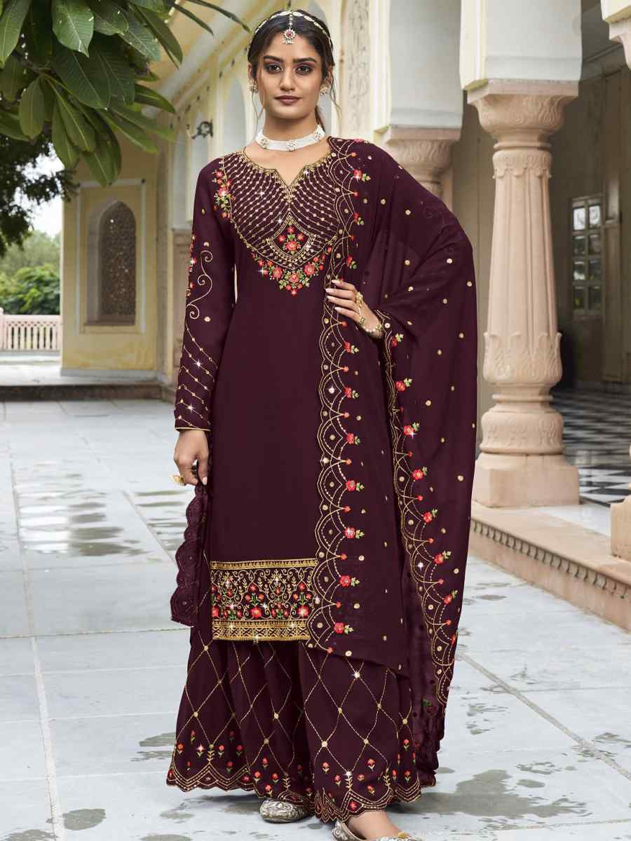 Wine Georgette Embroidered Festival Wedding Palazzo Pant Salwar Kameez