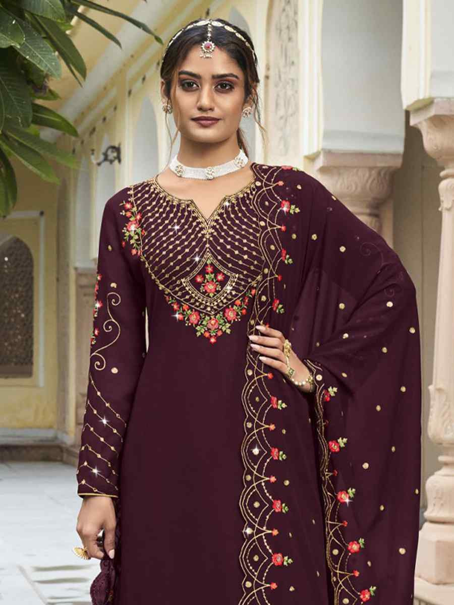 Wine Georgette Embroidered Festival Wedding Palazzo Pant Salwar Kameez