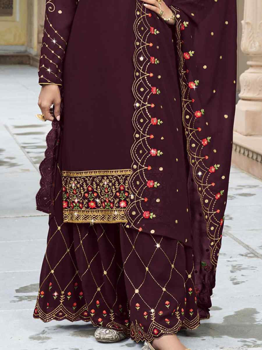 Wine Georgette Embroidered Festival Wedding Palazzo Pant Salwar Kameez