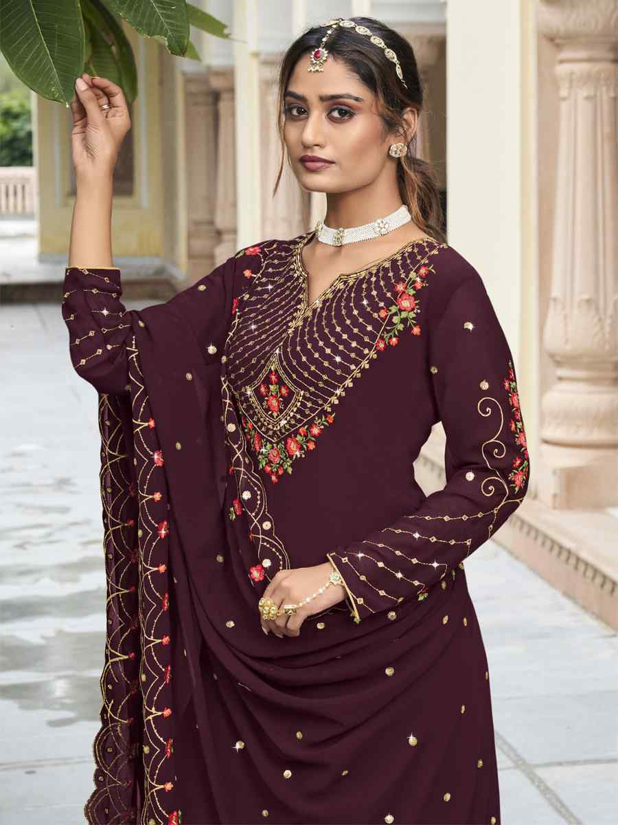 Wine Georgette Embroidered Festival Wedding Palazzo Pant Salwar Kameez