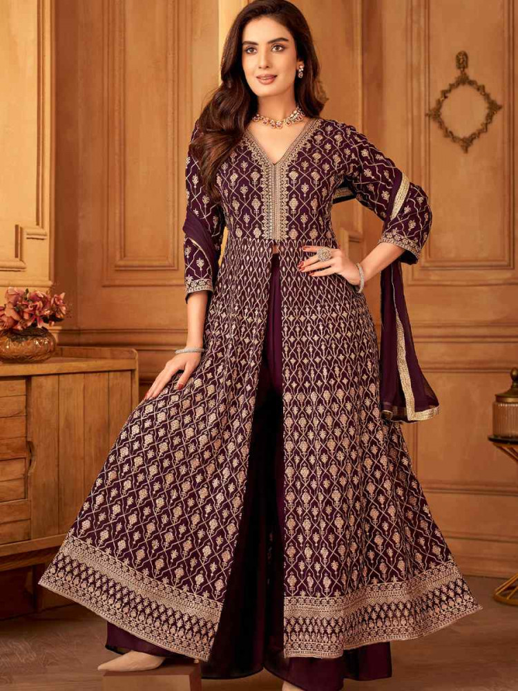 Wine Georgette Embroidered Festival Wedding Ready Palazzo Pant Salwar Kameez