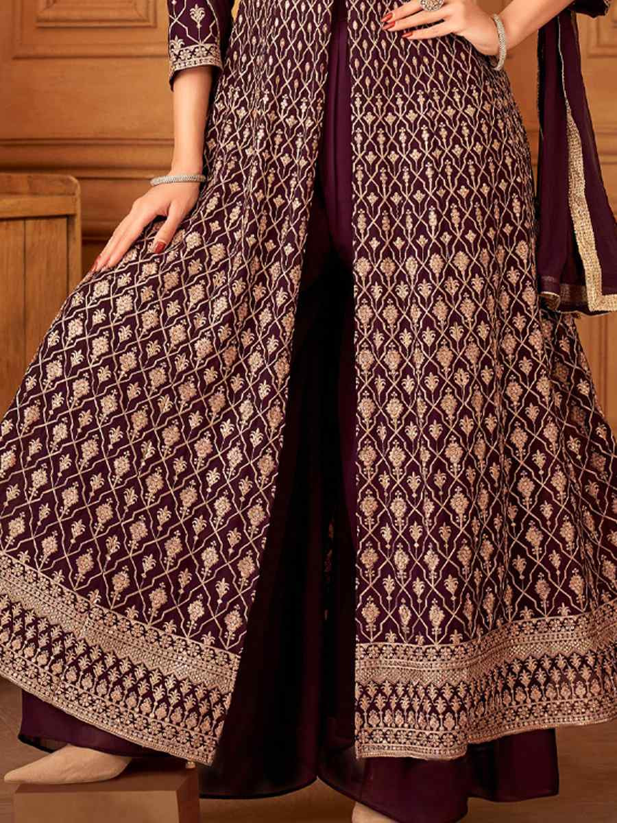 Wine Georgette Embroidered Festival Wedding Ready Palazzo Pant Salwar Kameez