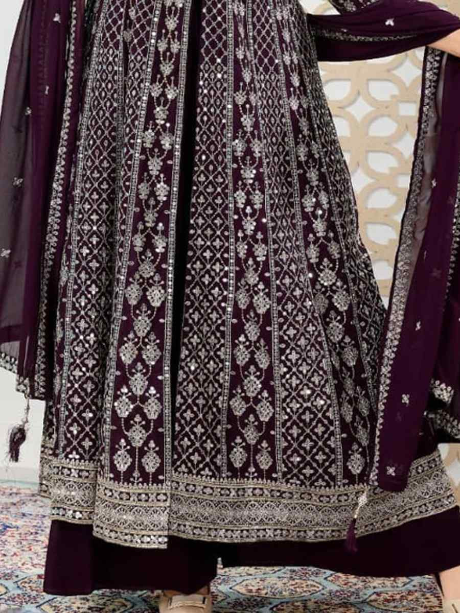 Wine Georgette Embroidered Festival Wedding Ready Palazzo Pant Salwar Kameez