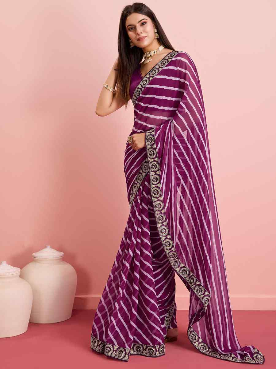 Wine Georgette Embroidered Party Reception Heavy Border Saree