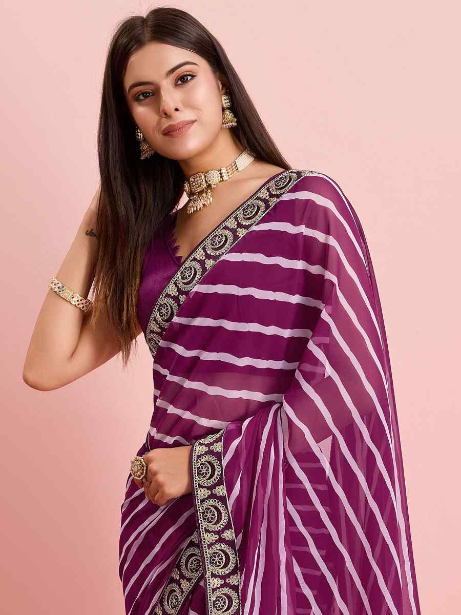 Wine Georgette Embroidered Party Reception Heavy Border Saree