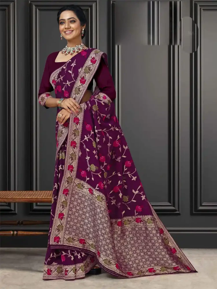 Wine Georgette Handwoven Festival Wedding Heavy Border Saree