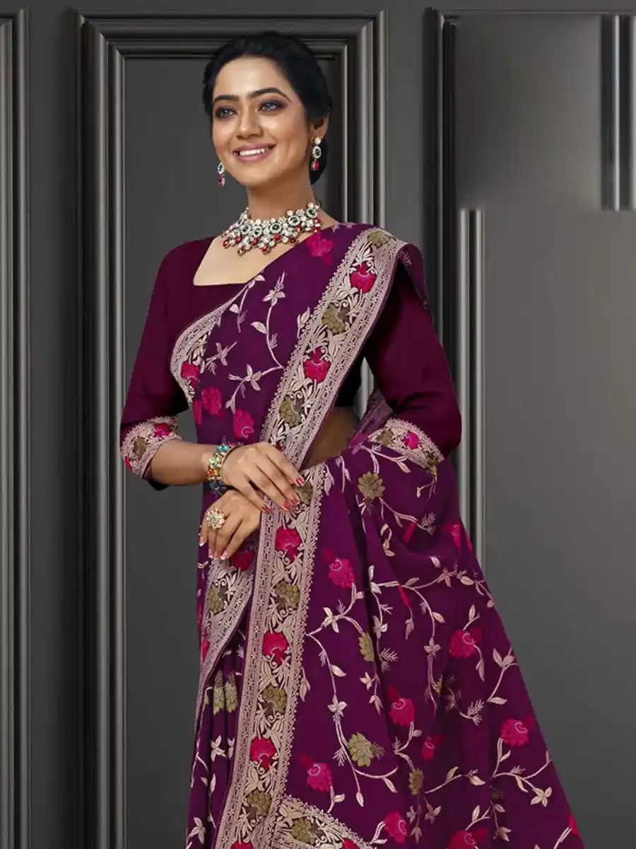 Wine Georgette Handwoven Festival Wedding Heavy Border Saree