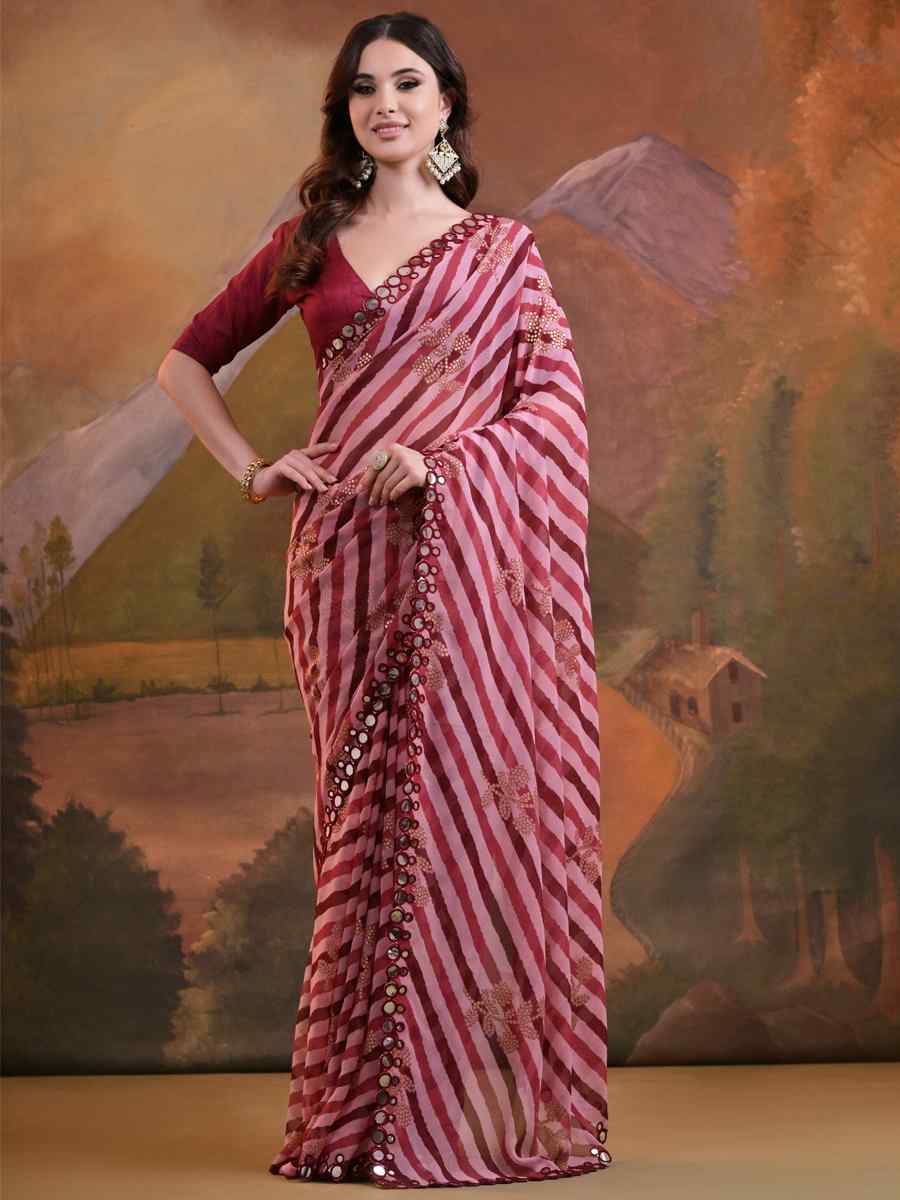 Wine Georgette Printed Festival Casual Contemporary Saree