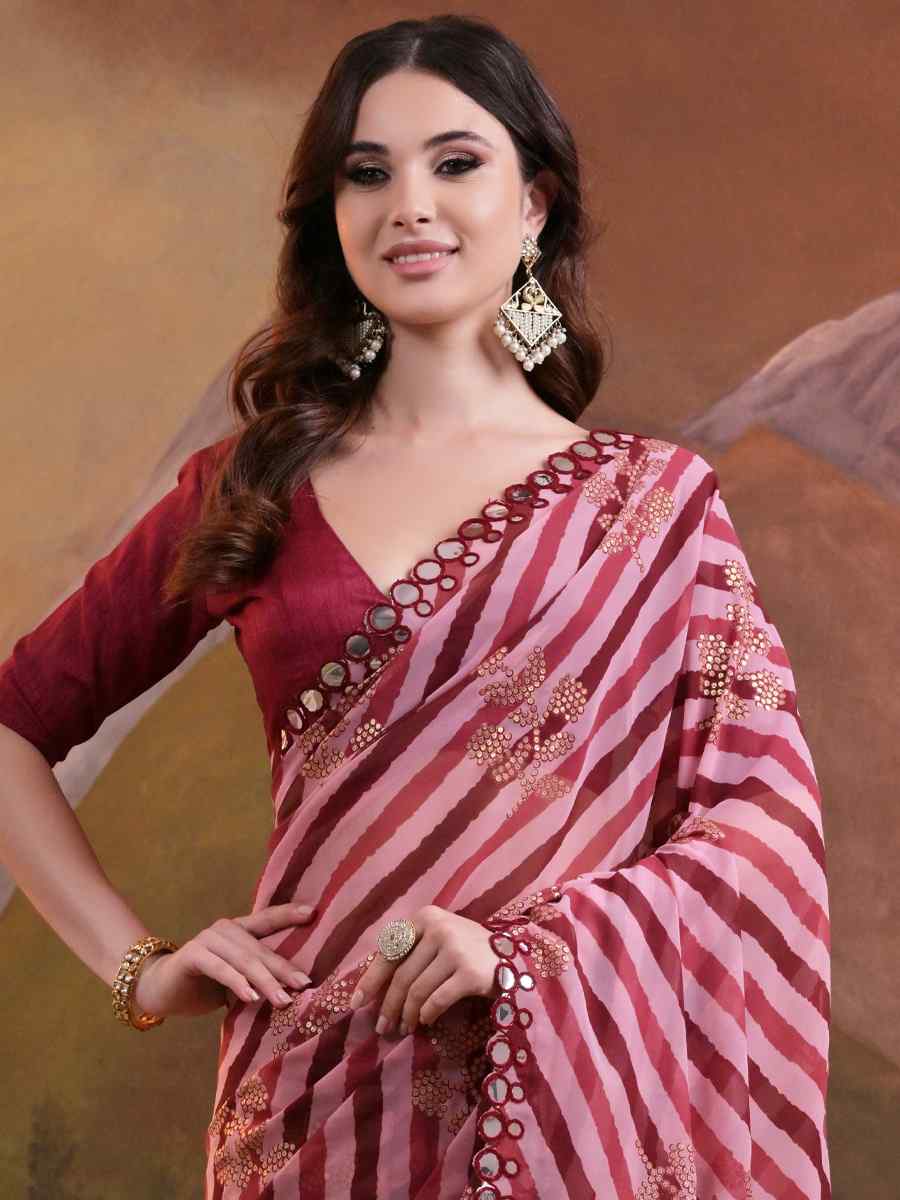 Wine Georgette Printed Festival Casual Contemporary Saree