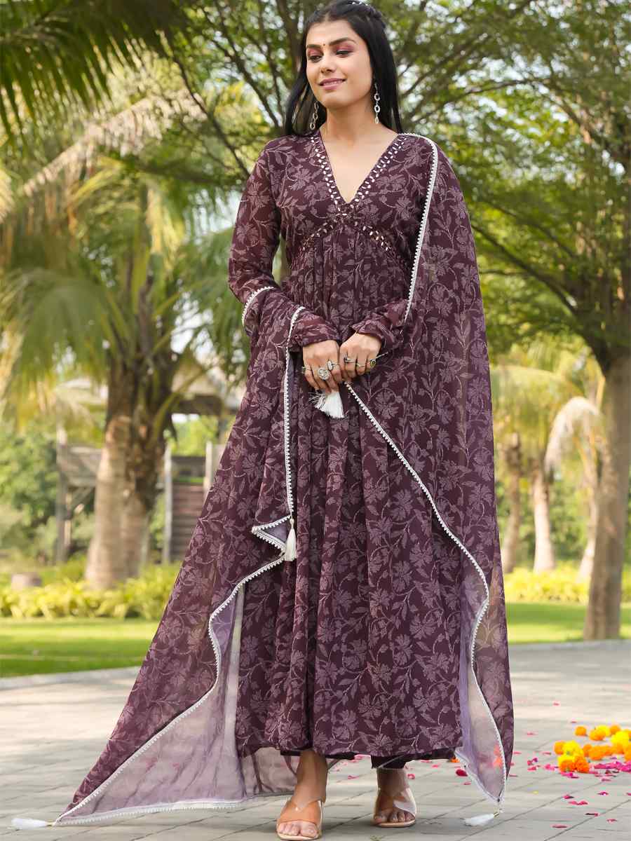 Wine Georgette Printed Festival Casual Gown