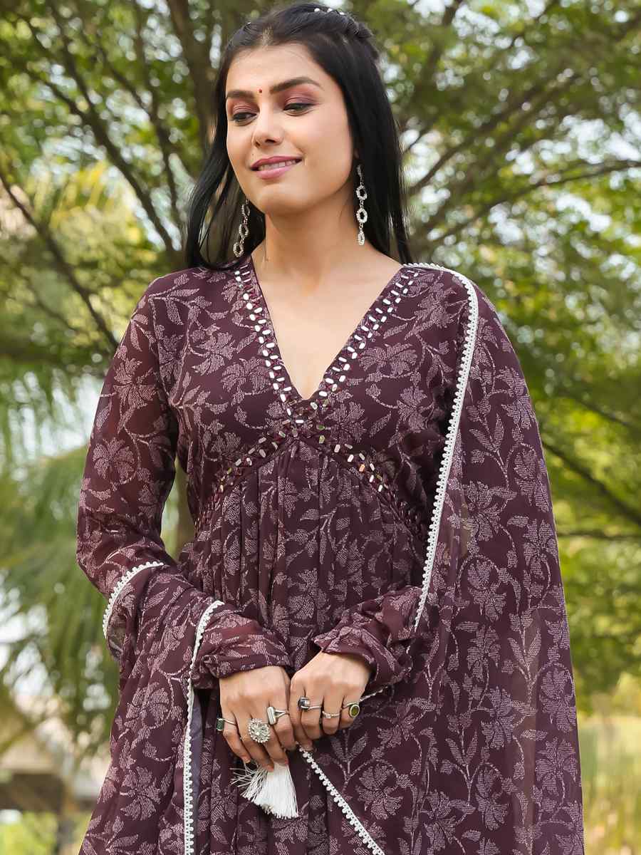 Wine Georgette Printed Festival Casual Gown