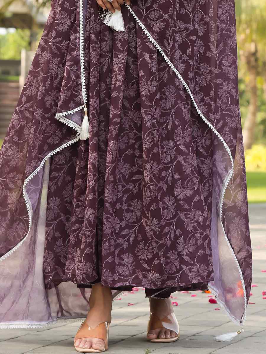 Wine Georgette Printed Festival Casual Gown