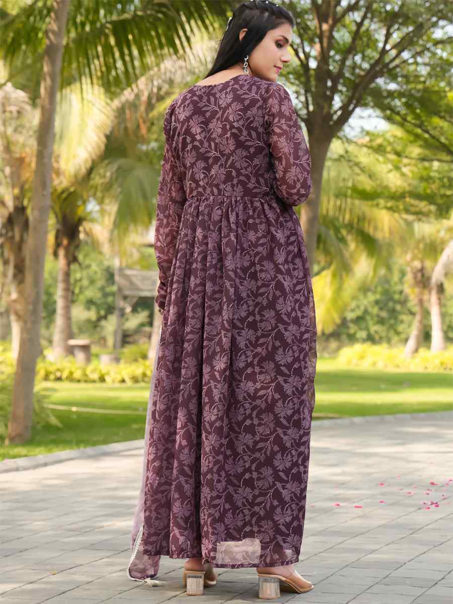 Wine Georgette Printed Festival Casual Gown