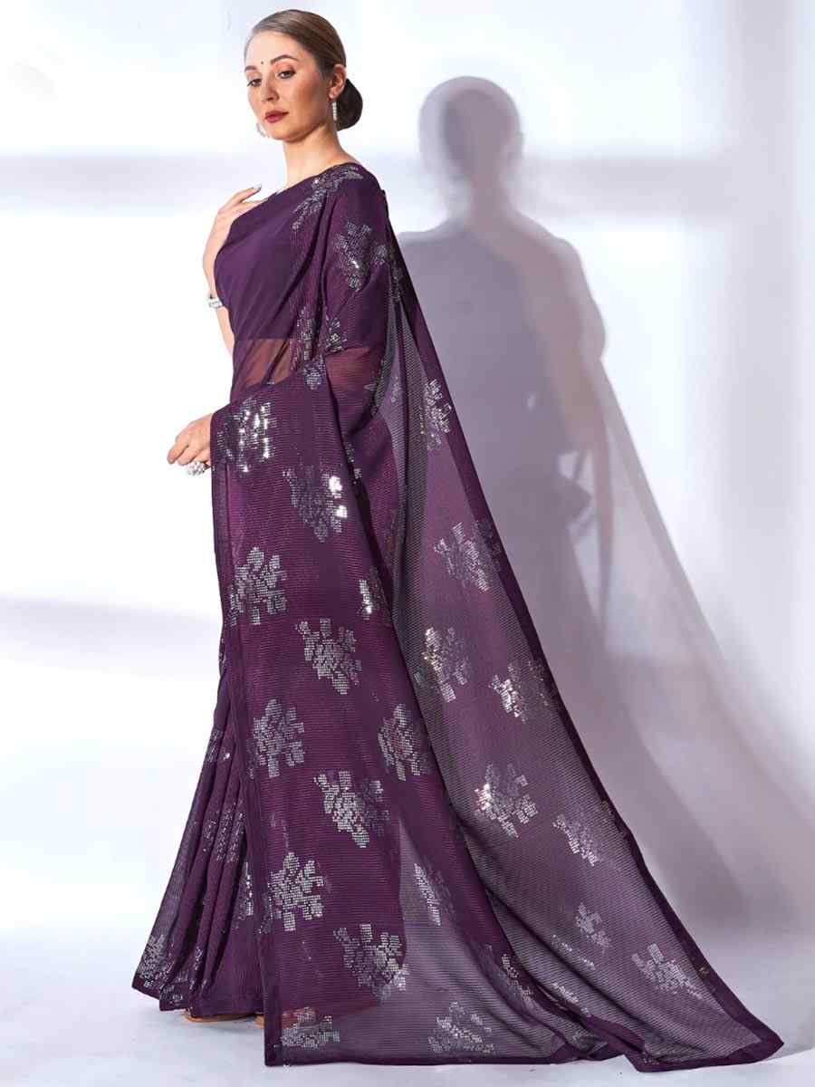 Wine Georgette Sequins Party Festival Classic Style Saree