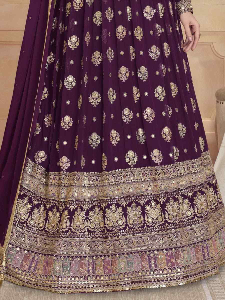 Wine Heavy Blooming Georgette Embroidered Festival Mehendi Gown