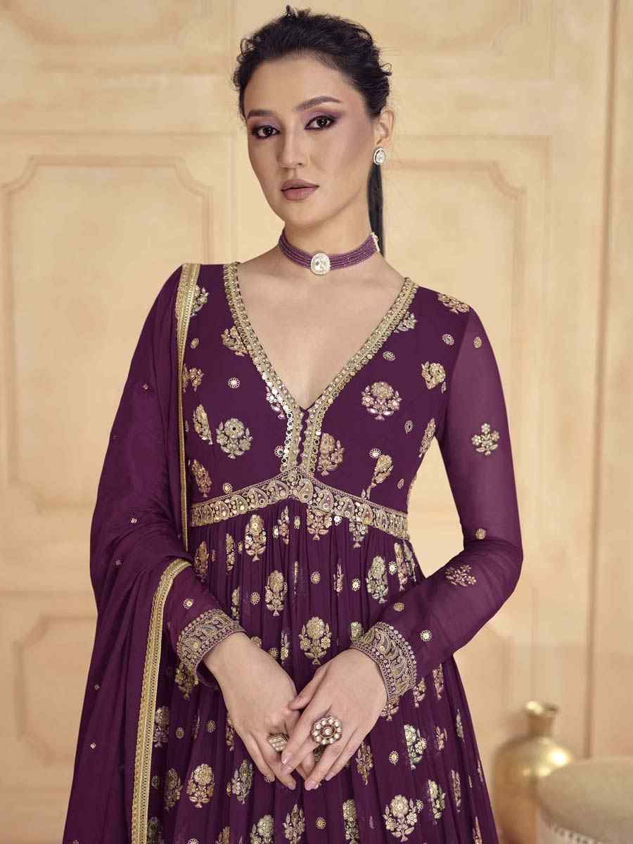 Wine Heavy Blooming Georgette Embroidered Festival Mehendi Gown