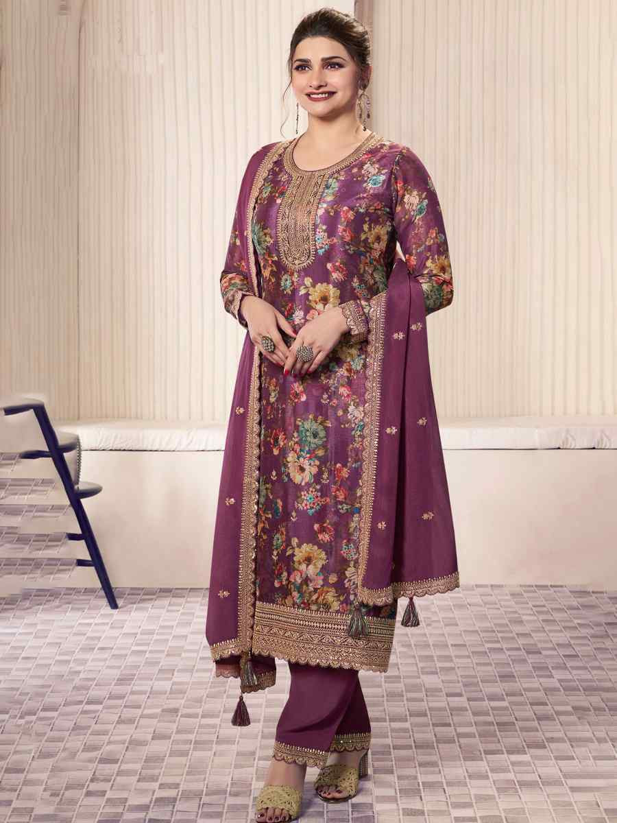 Wine Heavy Chinon Embroidered Festival Casual Ready Pant Salwar Kameez