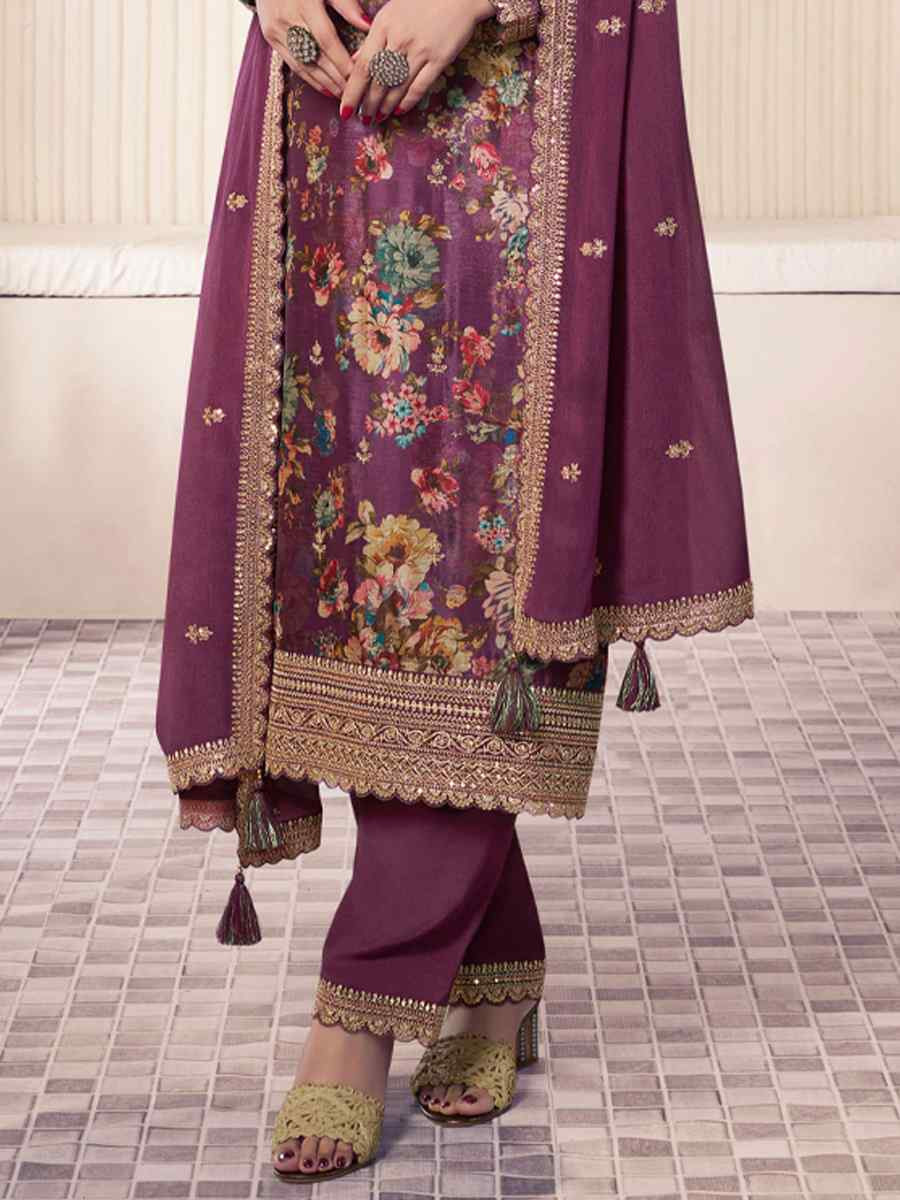 Wine Heavy Chinon Embroidered Festival Casual Ready Pant Salwar Kameez