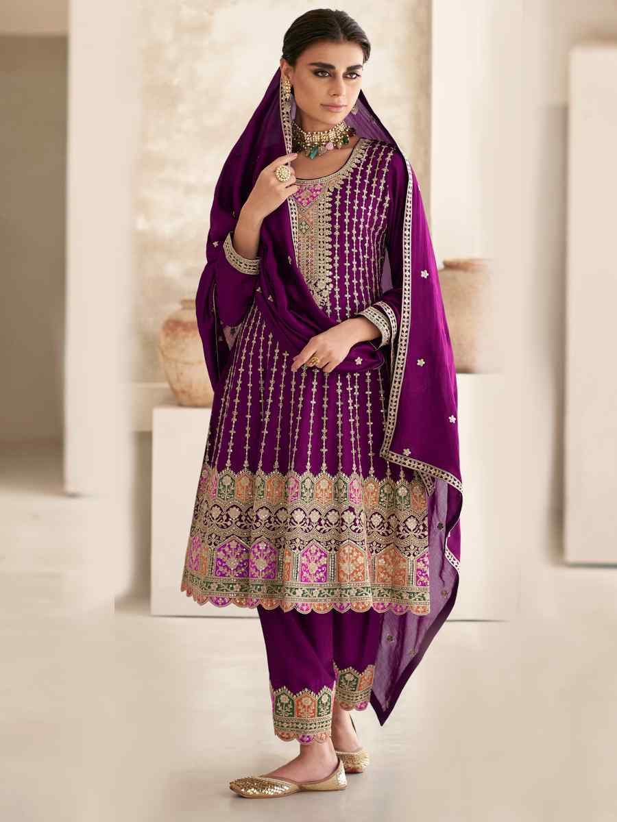 Wine Heavy Chinon Embroidered Festival Mehendi Ready Patiala Salwar Kameez