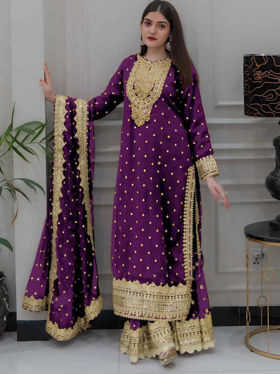 Wine Heavy Faux Georgette Embroidered Festival Casual Ready Sharara Pant Salwar Kameez