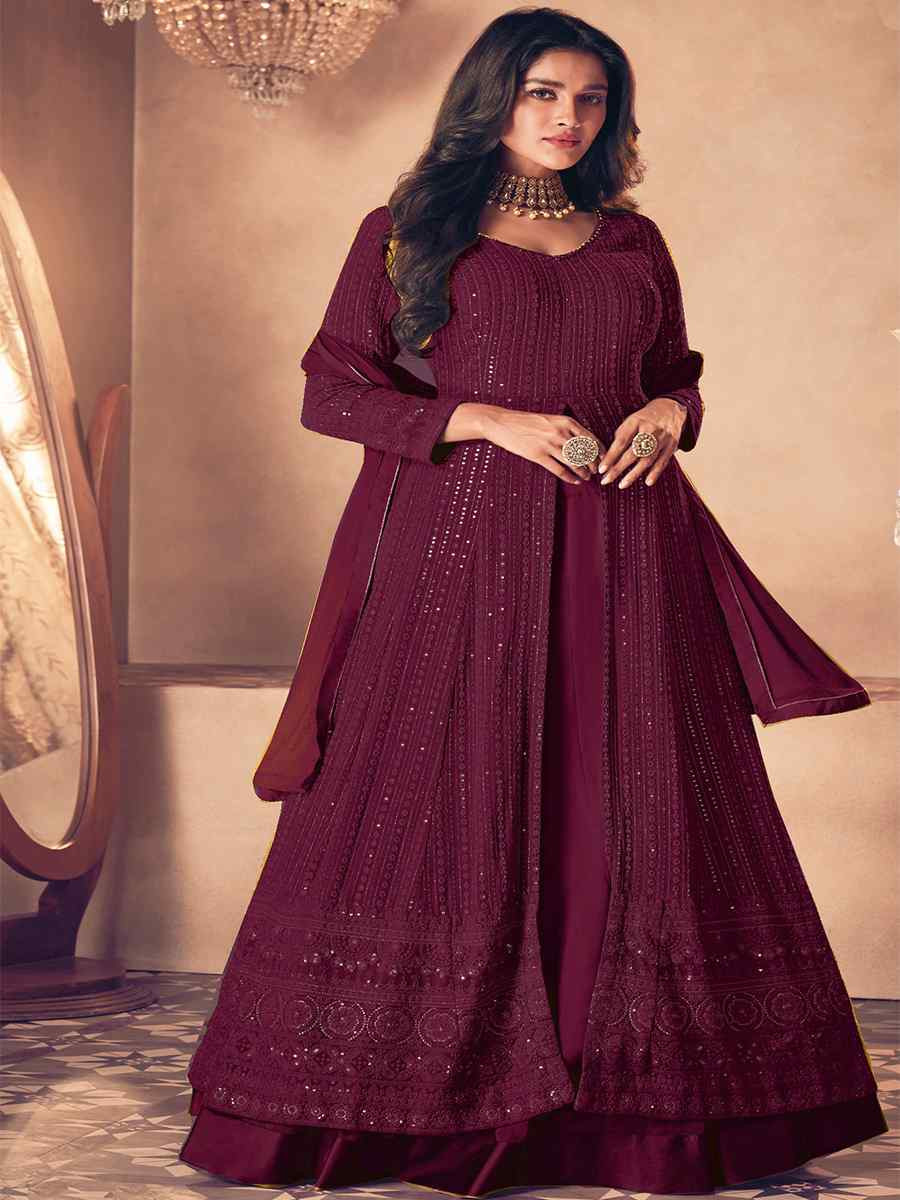 Wine Heavy Faux Georgette Embroidered Festival Wedding Anarkali Salwar Kameez