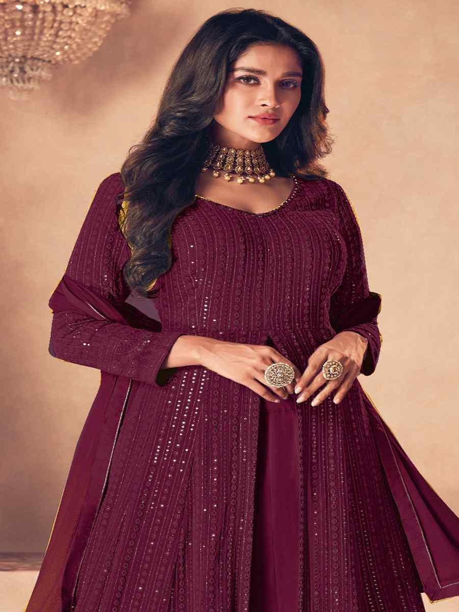 Wine Heavy Faux Georgette Embroidered Festival Wedding Anarkali Salwar Kameez