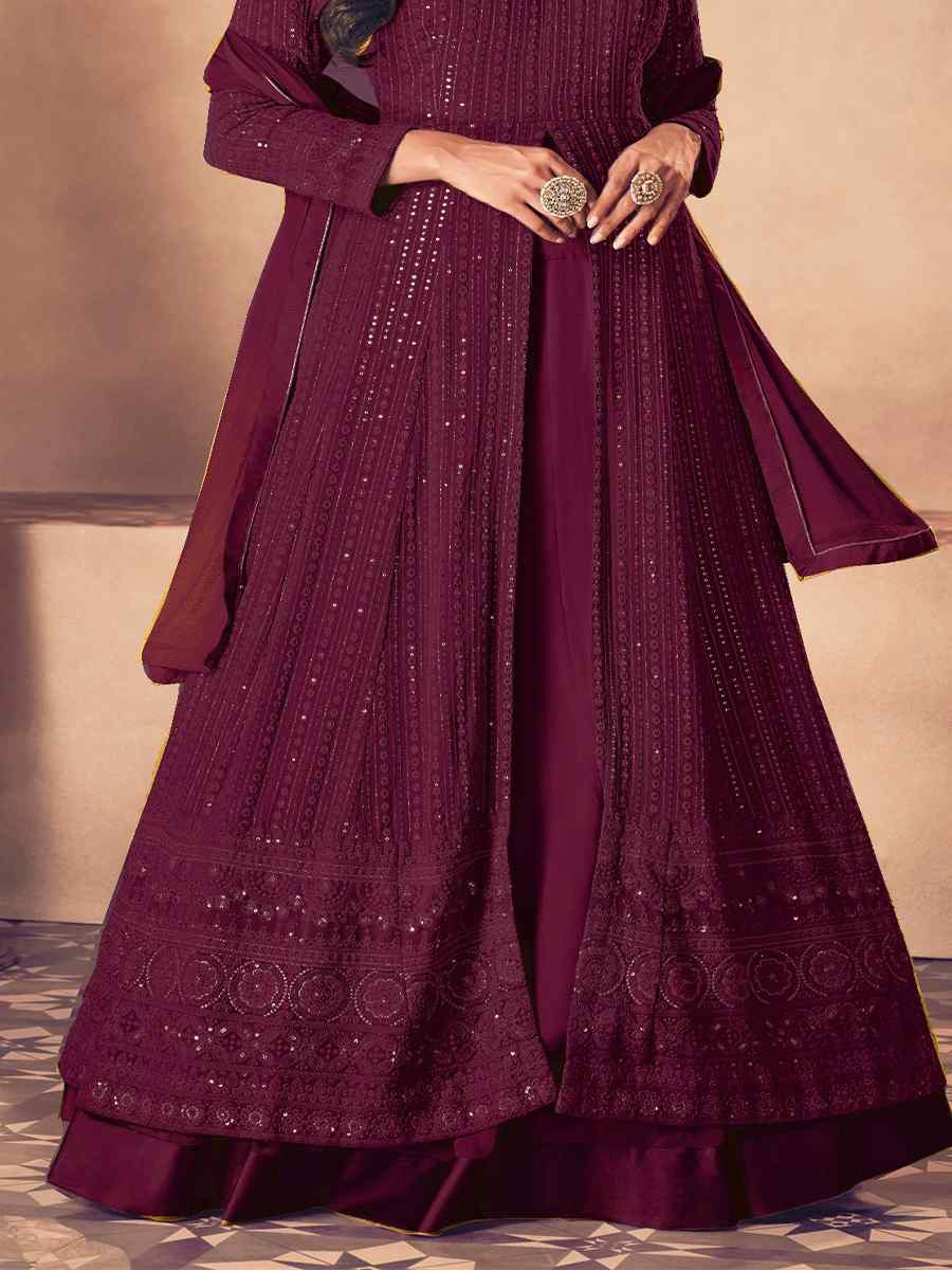 Wine Heavy Faux Georgette Embroidered Festival Wedding Anarkali Salwar Kameez