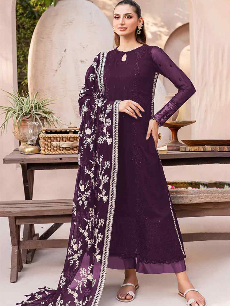 Wine Heavy Fox Georgette Embroidered Festival Casual Palazzo Pant Salwar Kameez