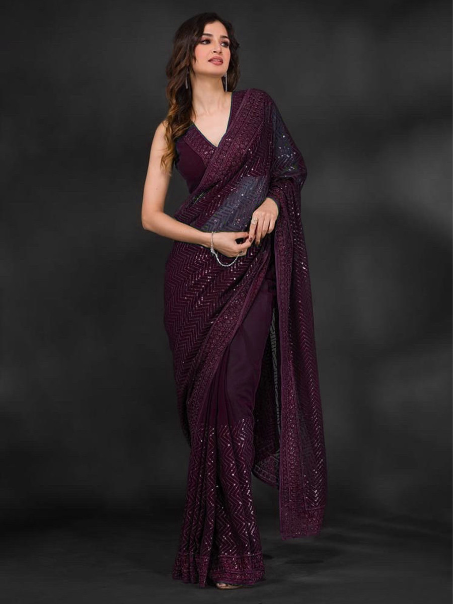 Wine Heavy Georgette Sequins Cocktail Party Classic Style Saree