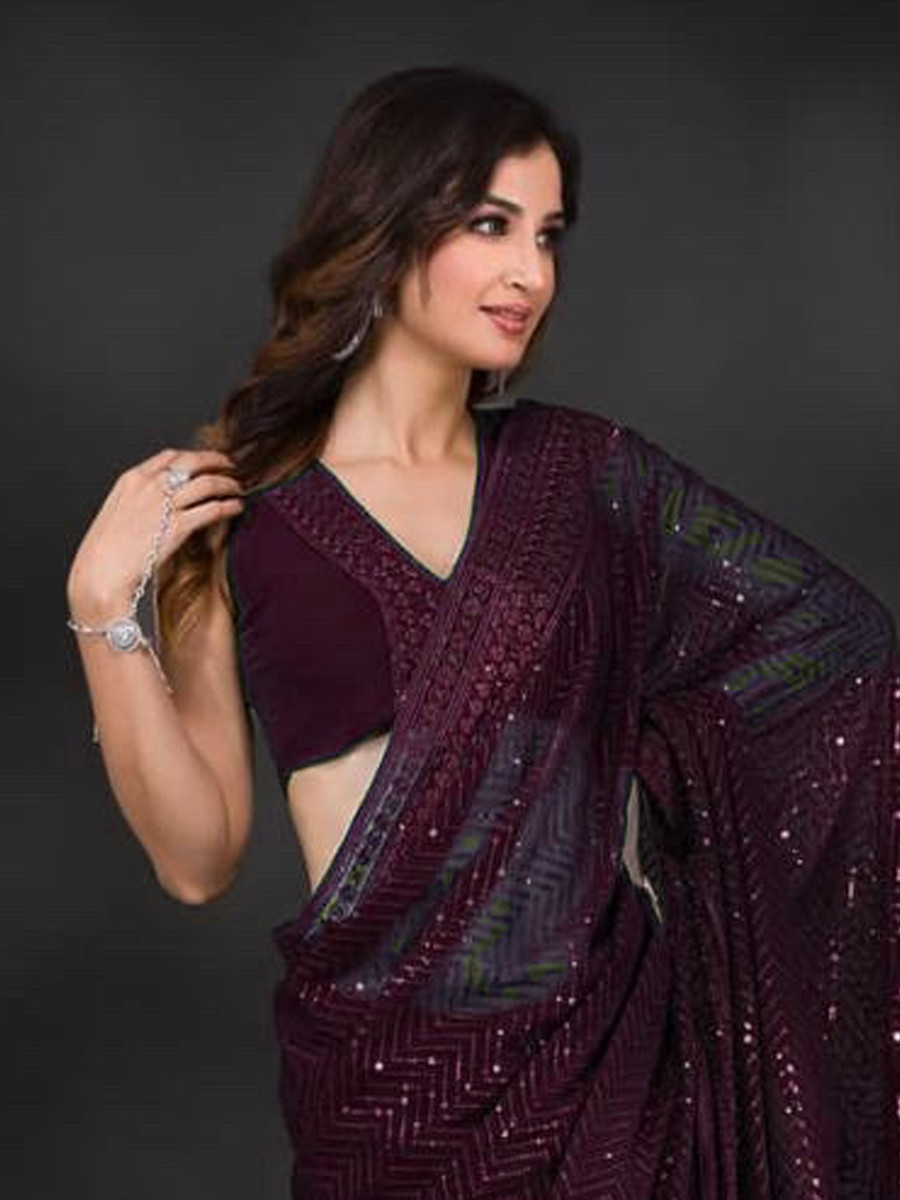 Wine Heavy Georgette Sequins Cocktail Party Classic Style Saree