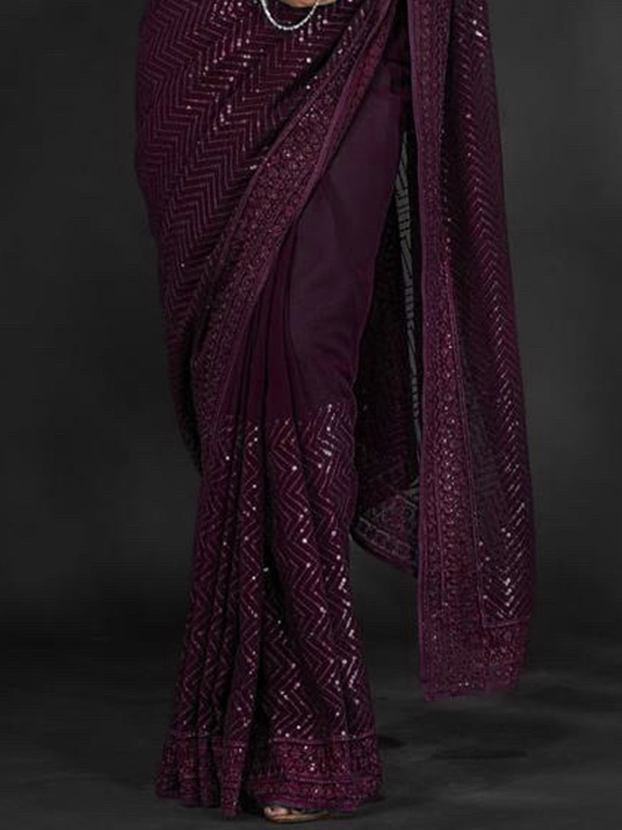 Wine Heavy Georgette Sequins Cocktail Party Classic Style Saree