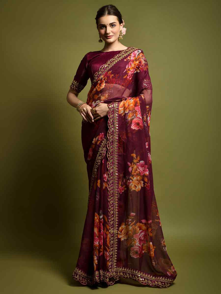 Wine Heavy Soft Chiffon Handwoven Festival Wedding Heavy Border Saree