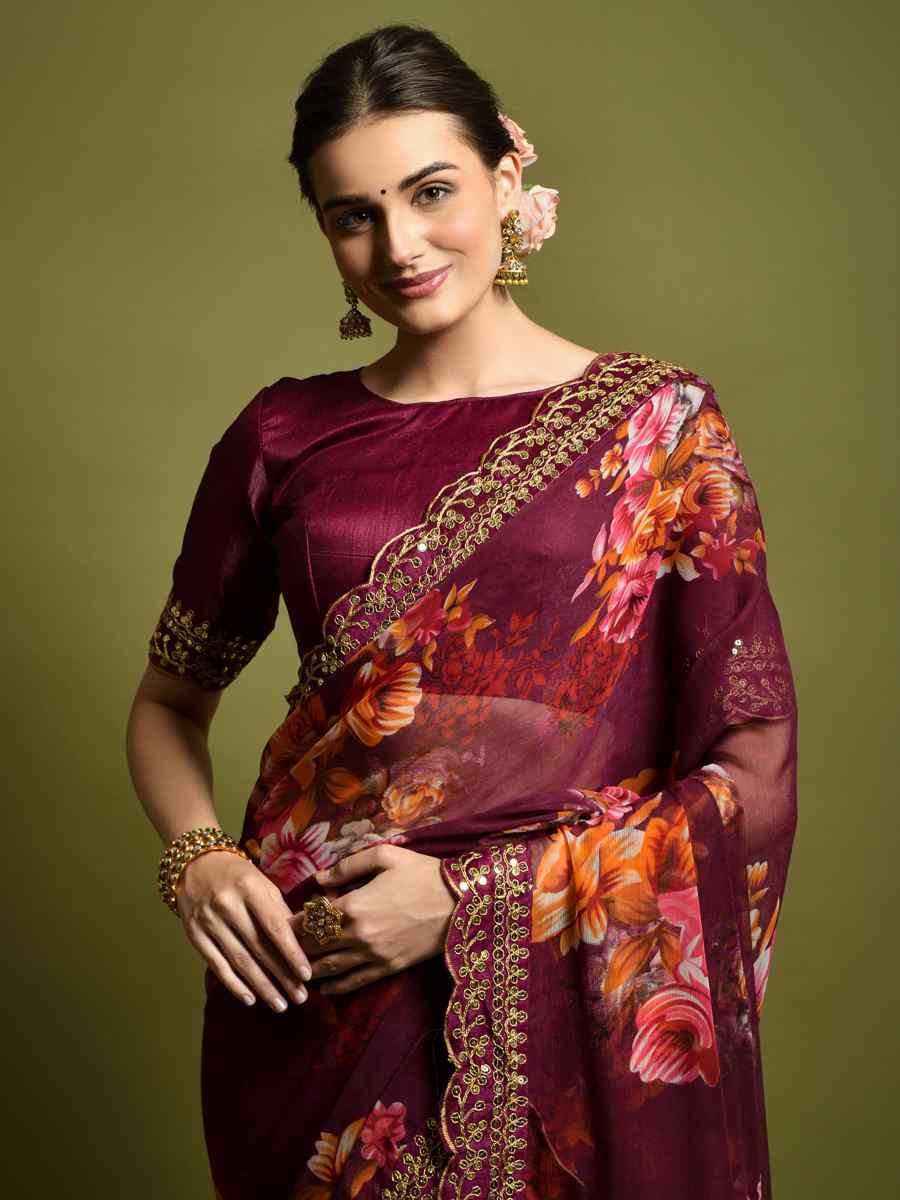 Wine Heavy Soft Chiffon Handwoven Festival Wedding Heavy Border Saree