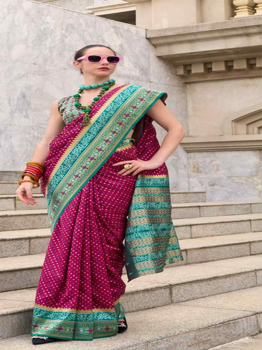 Wine Ikkat Soft Silk Handwoven Festival Wedding Heavy Border Saree