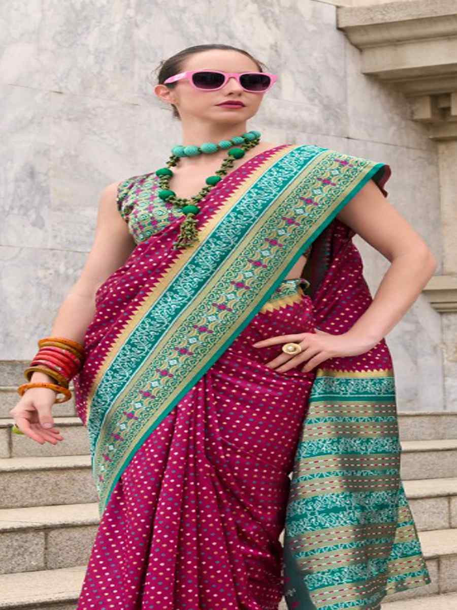 Wine Ikkat Soft Silk Handwoven Festival Wedding Heavy Border Saree