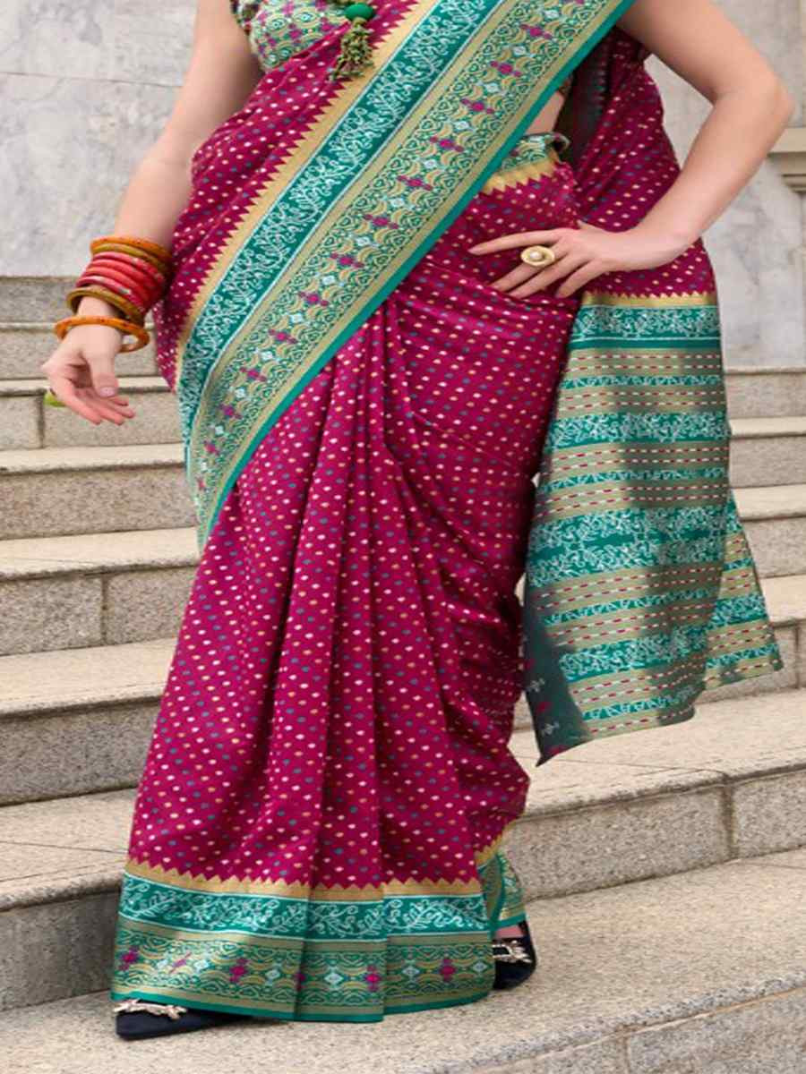 Wine Ikkat Soft Silk Handwoven Festival Wedding Heavy Border Saree