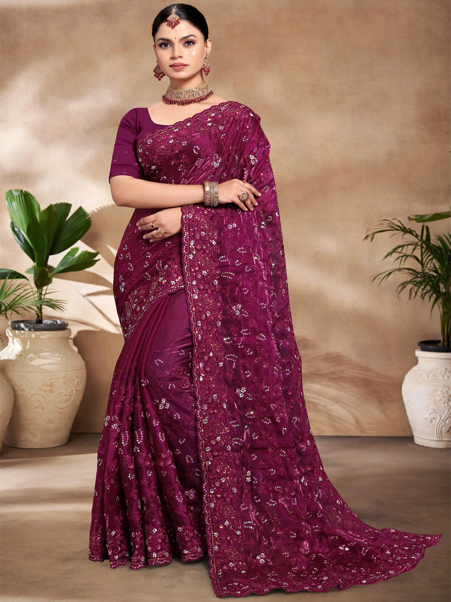 Wine Jimmy Choo Silk Embroidered Reception Wedding Heavy Border Saree