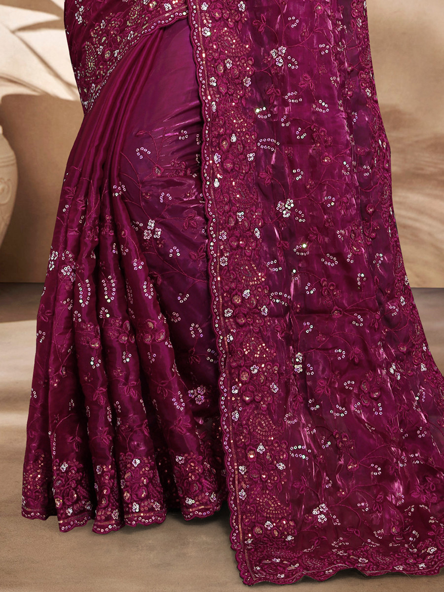 Wine Jimmy Choo Silk Embroidered Reception Wedding Heavy Border Saree