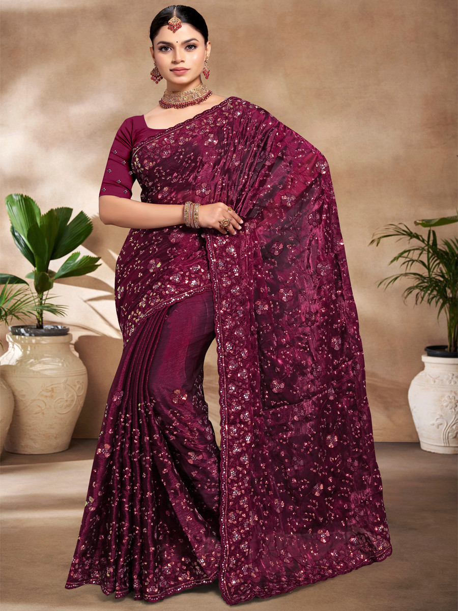 Wine Jimmy Choo Silk Embroidered Reception Wedding Heavy Border Saree