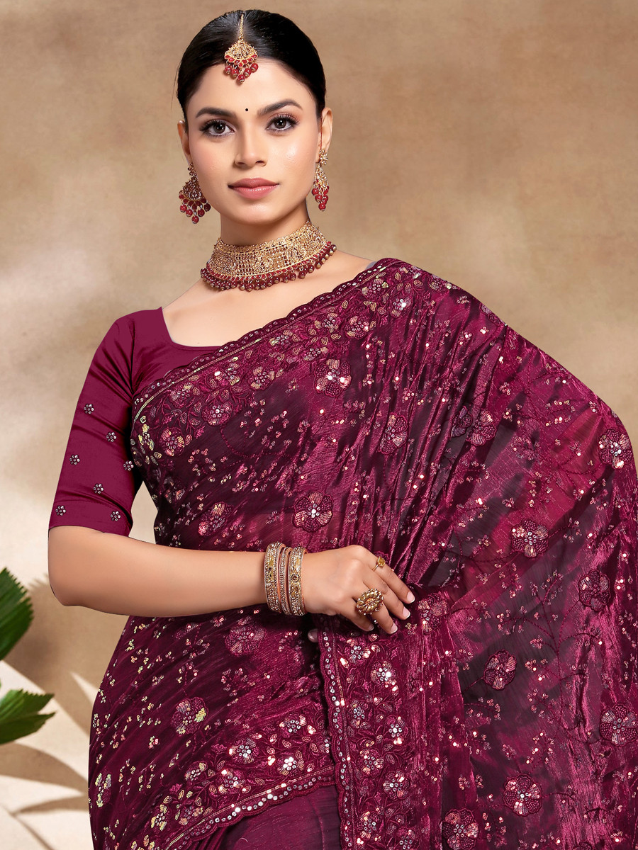 Wine Jimmy Choo Silk Embroidered Reception Wedding Heavy Border Saree