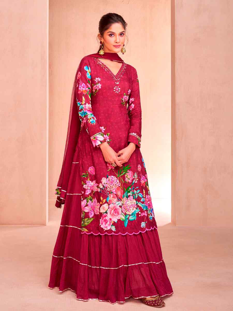 Wine Muslin Embroidered Festival Casual Sharara Pant Salwar Kameez