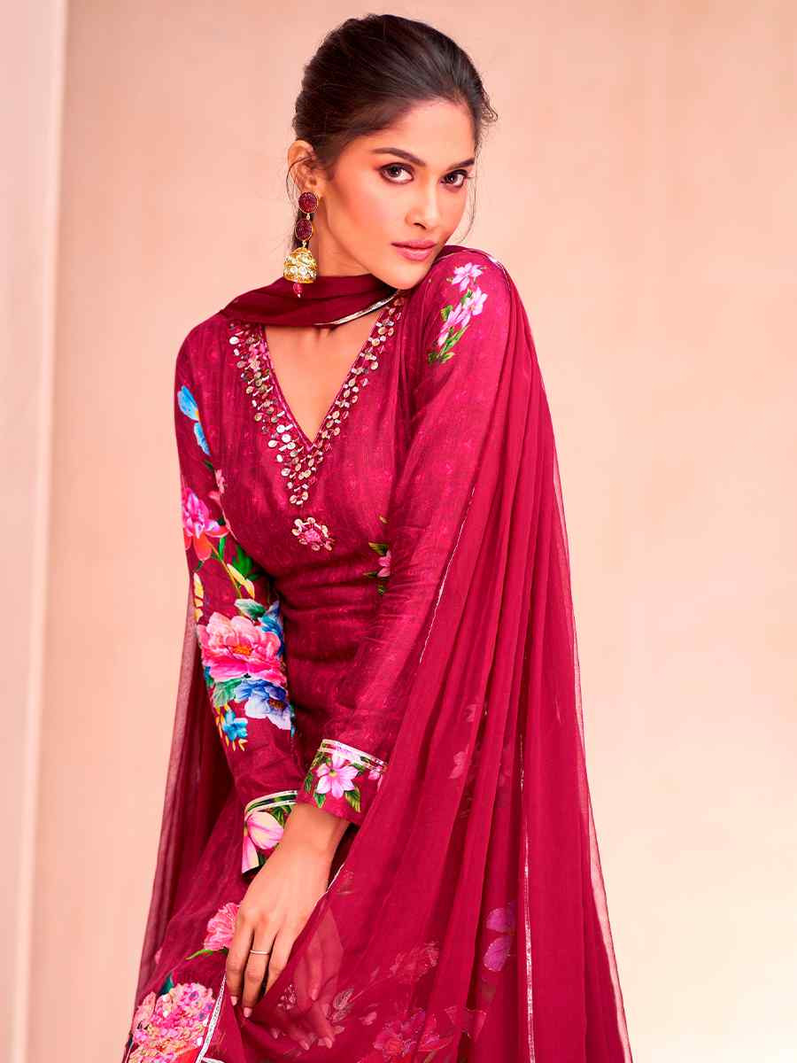 Wine Muslin Embroidered Festival Casual Sharara Pant Salwar Kameez