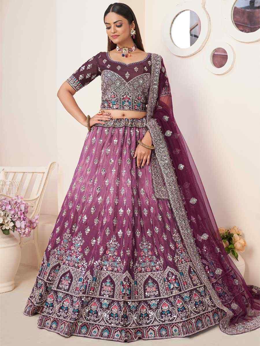 Wine Net Embroidered Reception Wedding Heavy Border Lehenga Choli