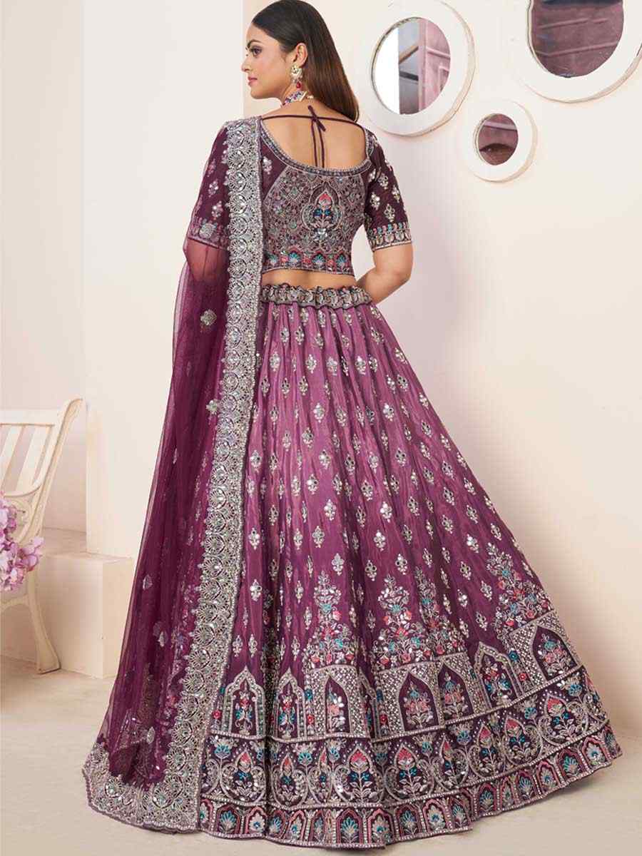 Wine Net Embroidered Reception Wedding Heavy Border Lehenga Choli