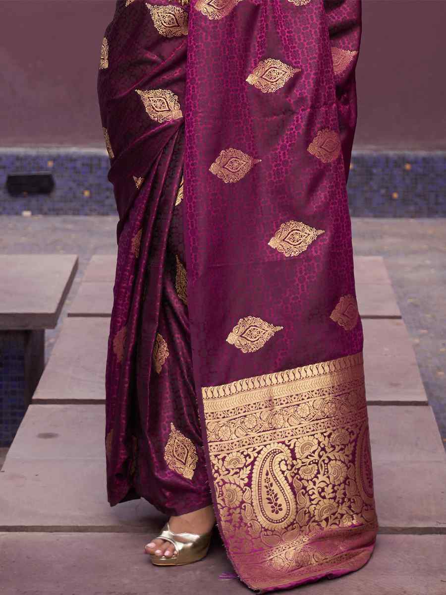 Wine Nylon Satin Handwoven Party Festival Classic Style Saree