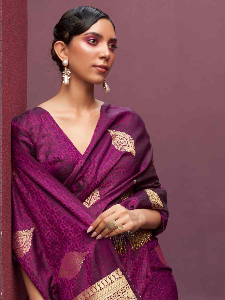 Wine Nylon Satin Handwoven Party Festival Classic Style Saree