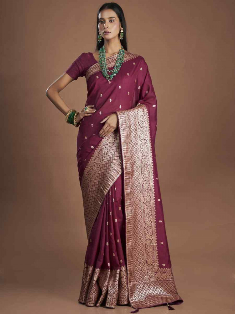 Wine Organza Shimmer Embroidered Festival Wedding Heavy Border Saree