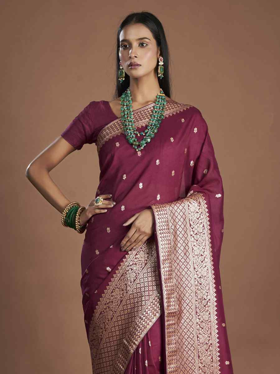 Wine Organza Shimmer Embroidered Festival Wedding Heavy Border Saree