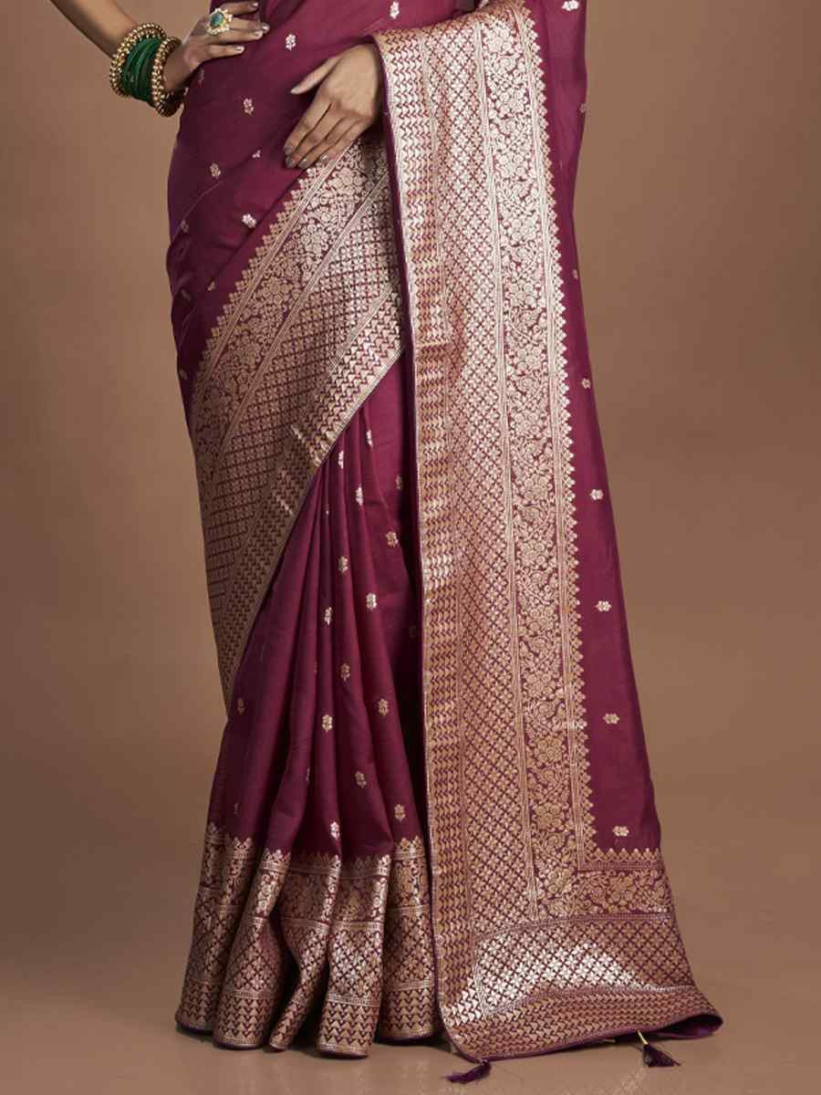 Wine Organza Shimmer Embroidered Festival Wedding Heavy Border Saree