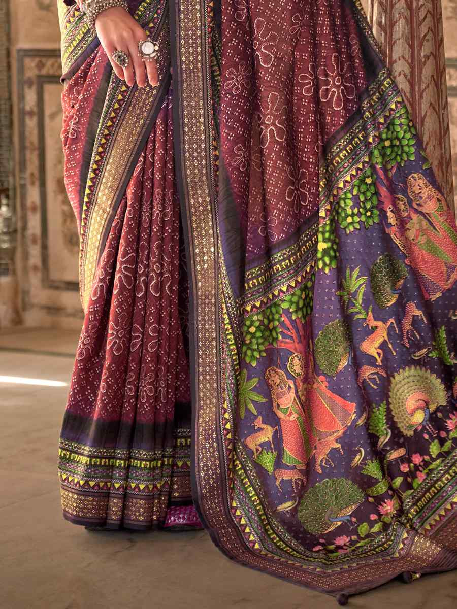 Wine Poly Viscose Silk Handwoven Festival Wedding Heavy Border Saree